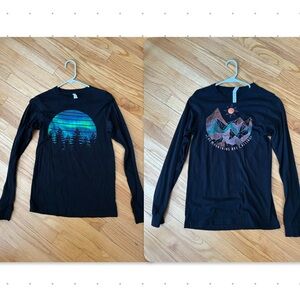 2 black long sleeve tees with forest and mountains